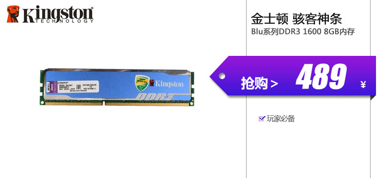 金士顿(Kingston)骇客神条Blu系列DDR3 1600 8GB台式机内存

